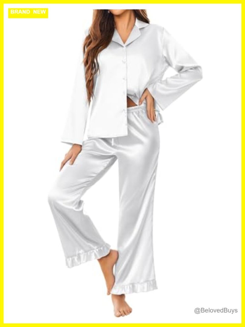 Ekouaer Satin Pajama Set Long Button Down Ruffle Sleepwear